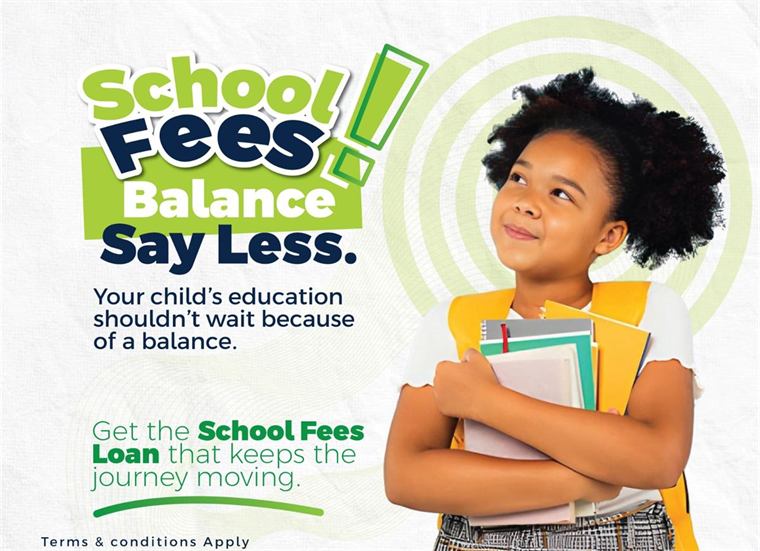 NECOS school fees loan poster, a pupil holding her books